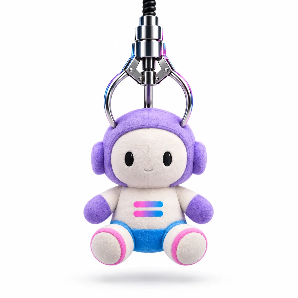 A chrome claw lifting Haaptick’s purple plush doll
