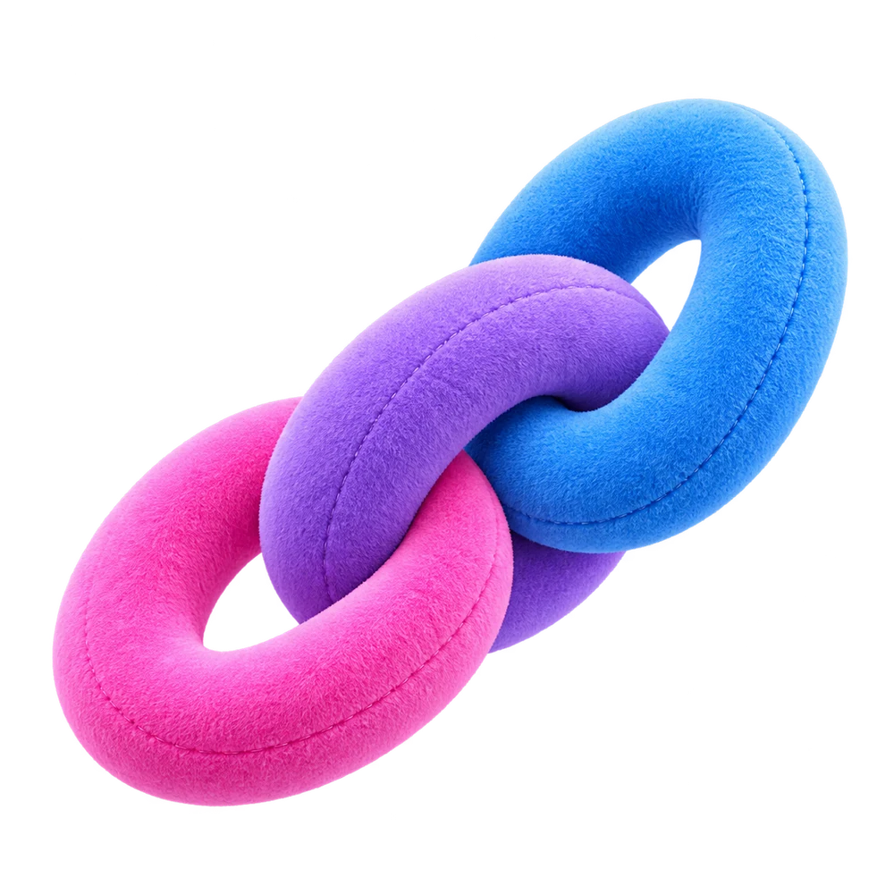 Interlocking plush chain links in pink, violet and blue