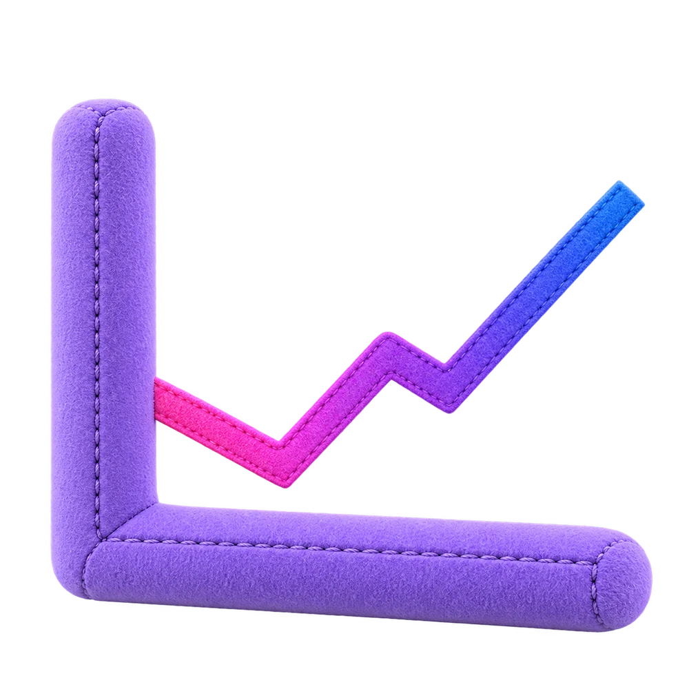 A rising line graph made from soft purple, pink and blue fabric