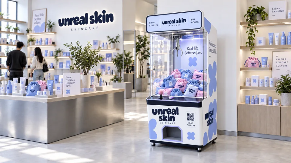 Unreal Skin compact claw machine with raised LCD, skincare sample pouches and polygonal prize hatch in a concept skincare store
