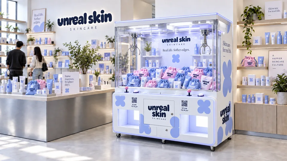 Unreal Skin wide flat-top cabinet with two claws, two player positions and two prize hatches in the same concept skincare store