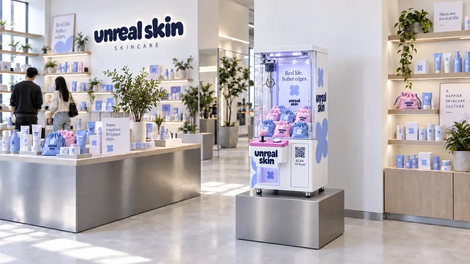 Unreal Skin Mini Super cabinet on a metal countertop with skincare sample pouches